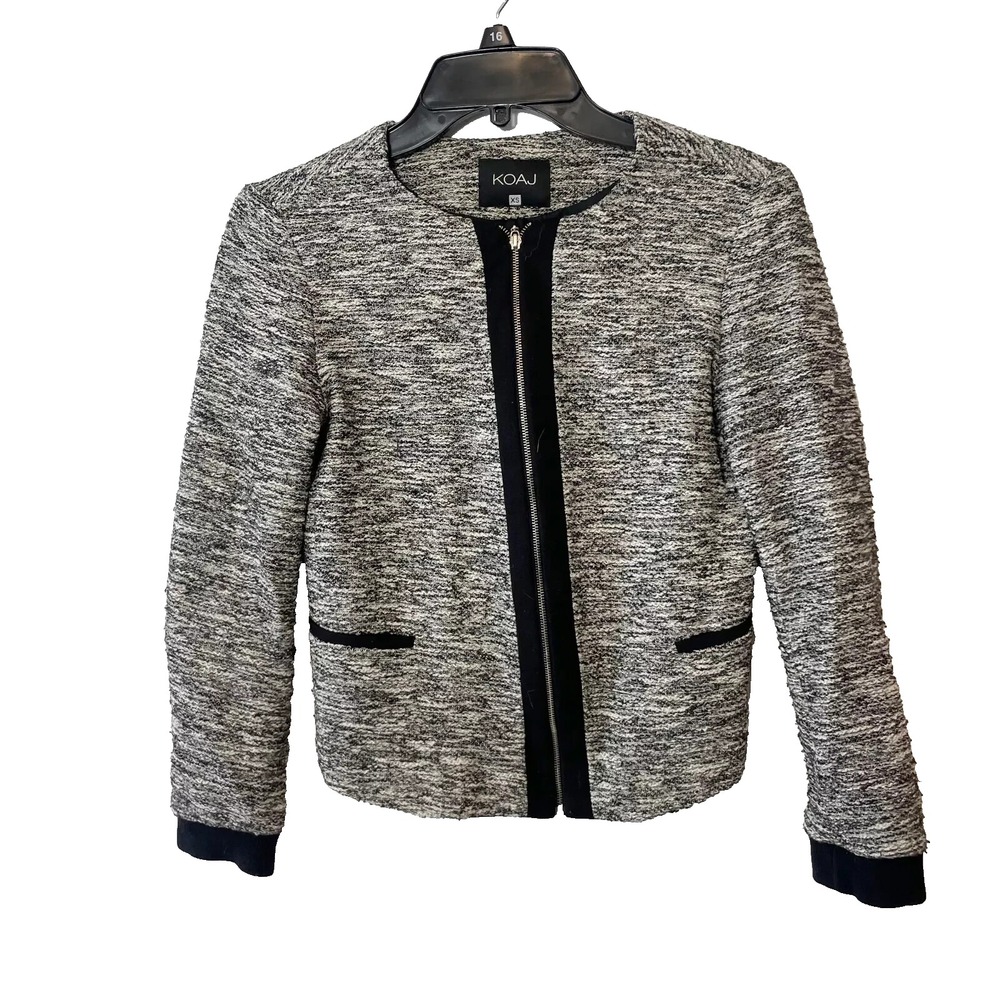 KOAJ Classic Tweed Full Zip Blazer Jacket Womens XS‎ Gray Lined Pockets Office